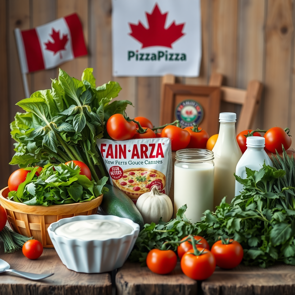 Fresh vegetables, herbs, tomatoes, and dairy products from Canadian farms displayed on rustic wooden table with PizzaPizza logo and Canadian maple leaf, farmers shaking hands in background