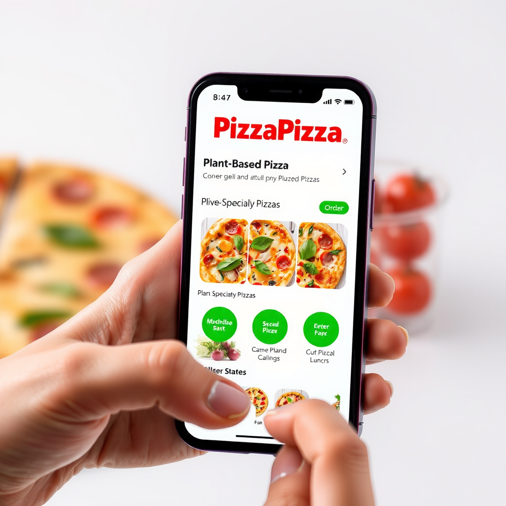 Smartphone displaying PizzaPizza mobile app interface with plant-based pizza menu section, showing the three new specialty pizzas with appetizing photos, green leaf icons, and order buttons, modern app design with vibrant colors