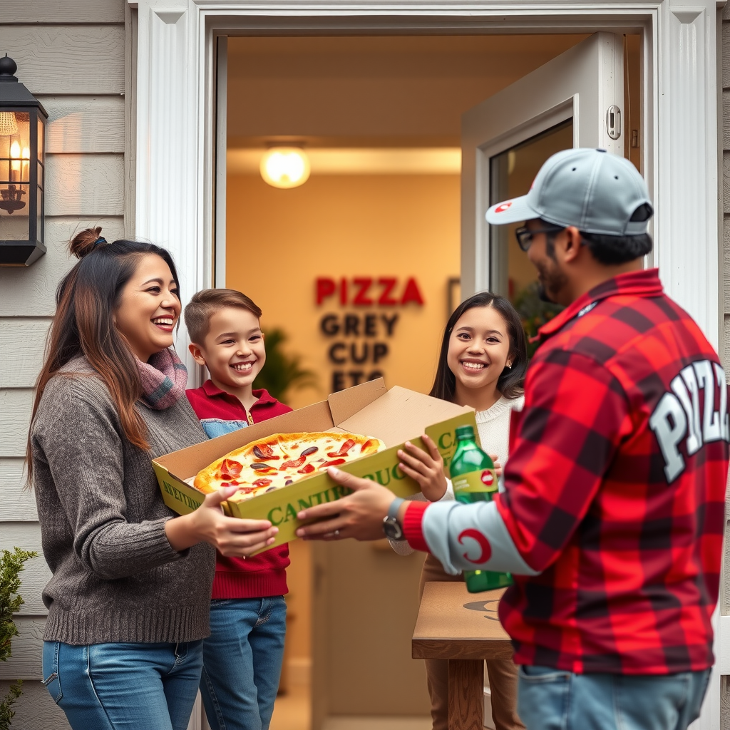 Smiling Canadian family opening door to receive hot fresh pizza delivery from friendly PizzaPizza driver during Grey Cup weekend celebration, with Grey Cup decorations visible in home background