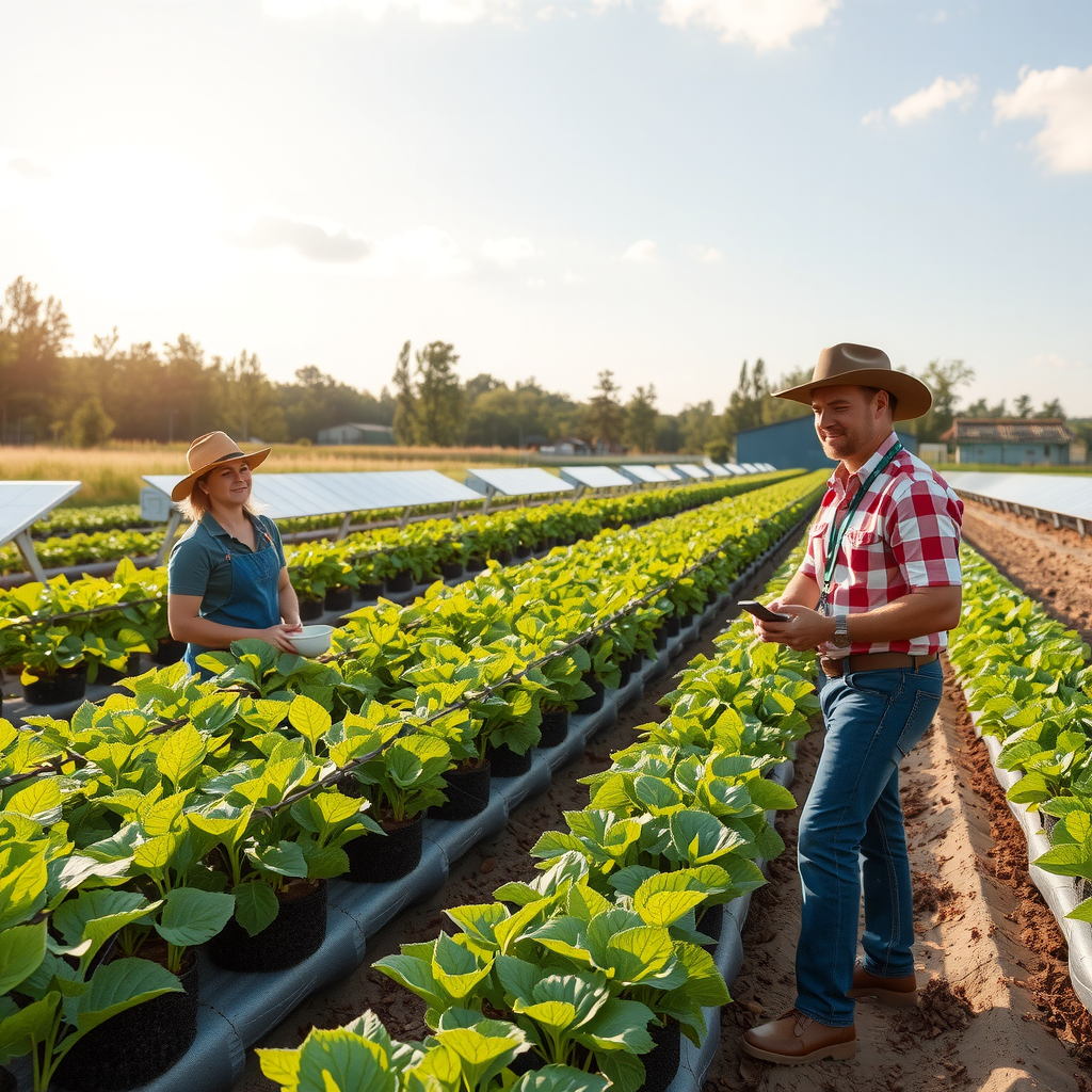 Modern sustainable farm with solar panels, efficient irrigation systems, and farmers using eco-friendly farming equipment, demonstrating the advanced sustainable practices employed by PizzaPizza's partner farms across Canada