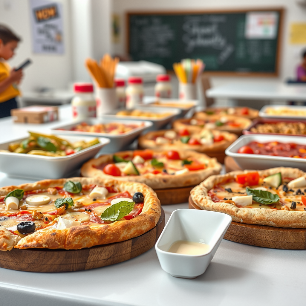 School-friendly catering setup with nutritious pizza options arranged for student events, fundraisers, and educational gatherings with safety considerations