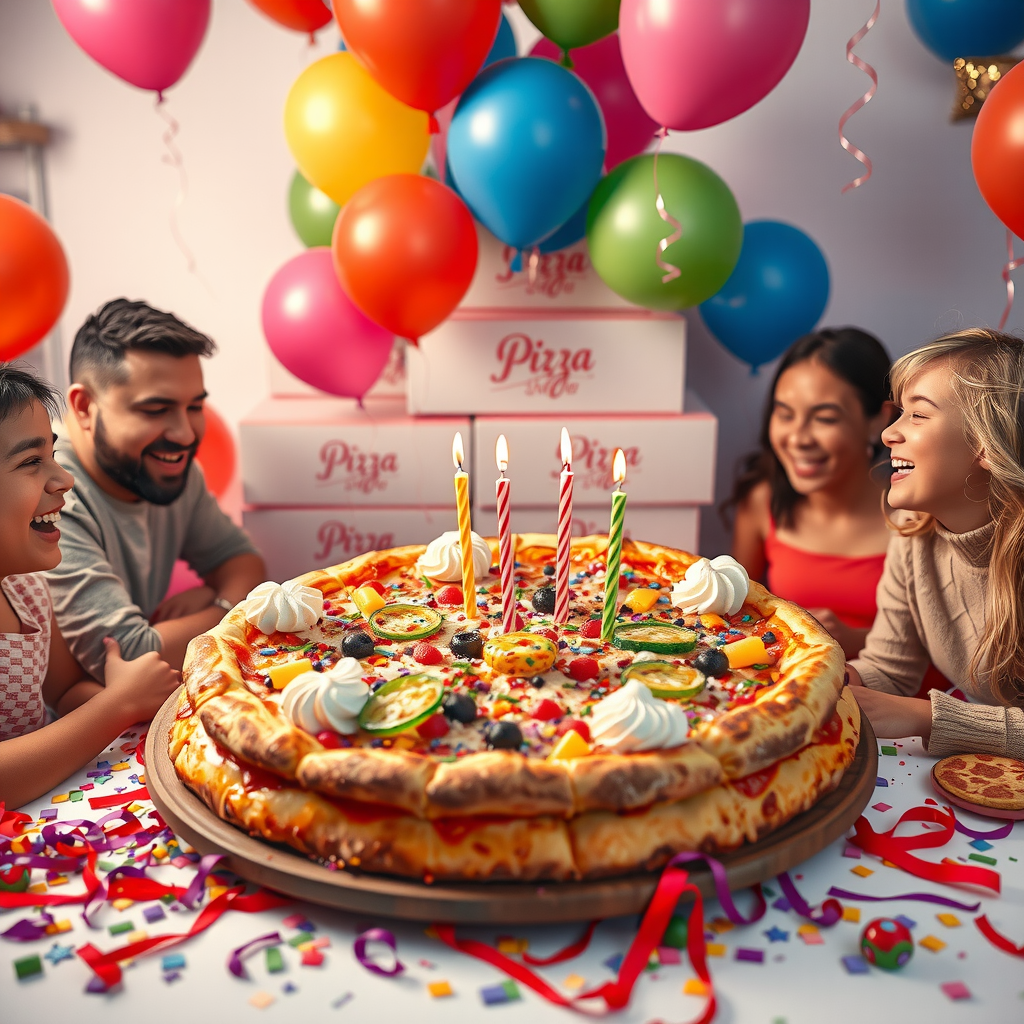 Festive birthday scene with a large decorated pizza surrounded by colorful balloons, confetti, birthday candles, and happy people celebrating with PizzaPizza boxes in the background