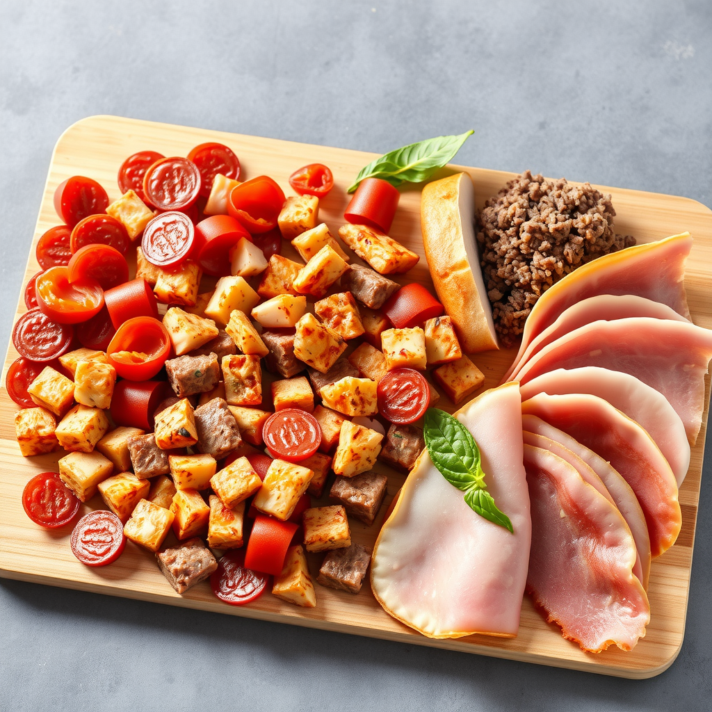 Assortment of premium meat toppings including pepperoni slices, Italian sausage crumbles, grilled chicken strips, crispy bacon pieces, Canadian bacon, ground beef, and ham arranged on a wooden cutting board