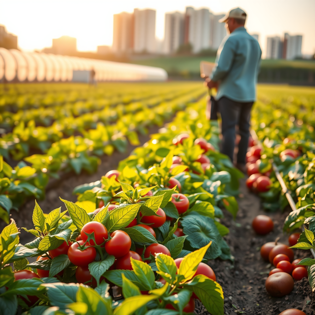 Lush Canadian farm with rows of fresh vegetables including tomatoes, peppers, and leafy greens, farmer harvesting produce in early morning light, representing sustainable local sourcing for PizzaPizza plant-based ingredients