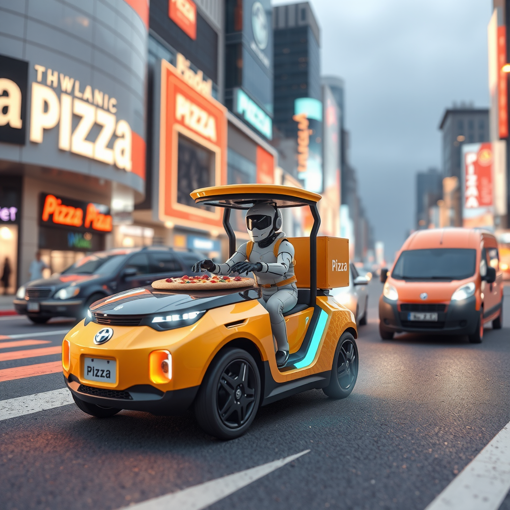 Futuristic visualization of pizza delivery technology showing autonomous vehicles, drone delivery concepts, advanced AI systems, and smart city integration representing the future of PizzaPizza's delivery innovation