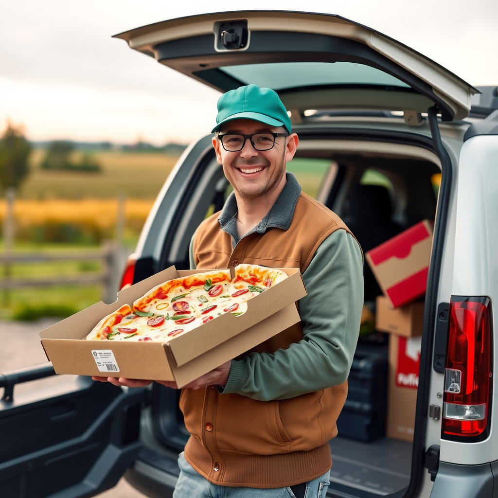 PizzaPizza delivery driver holding fresh pizza boxes with visible farm-fresh ingredients, standing next to delivery vehicle with Canadian farm landscape in background, representing the farm-to-table delivery service