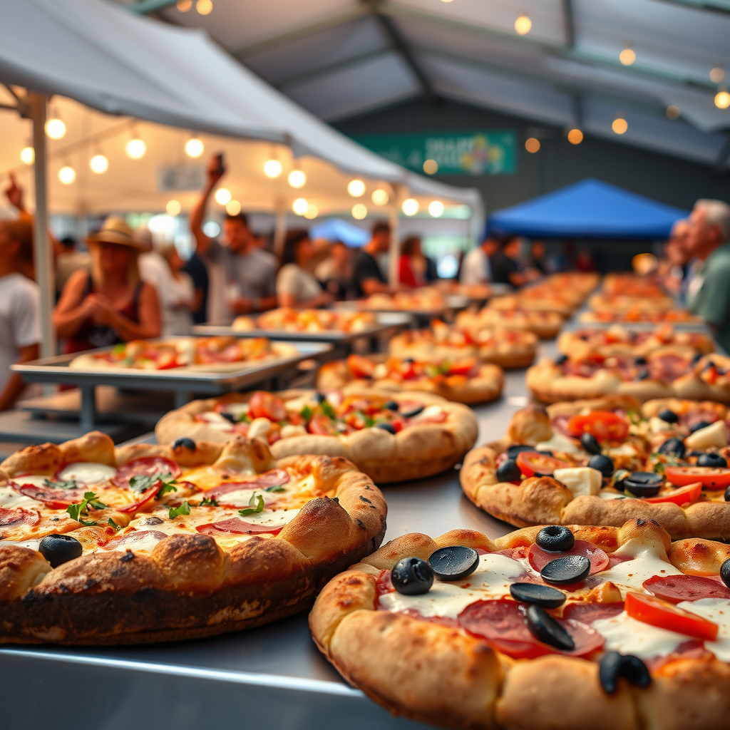 Community event catering with diverse pizza selections serving large crowds at festivals, charity events, and neighborhood gatherings