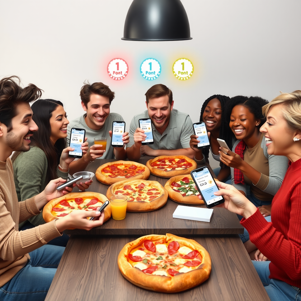 Group of diverse friends sitting around a table sharing pizzas, laughing and showing their phones with PizzaPizza referral codes displayed, with floating point badges and reward icons around them