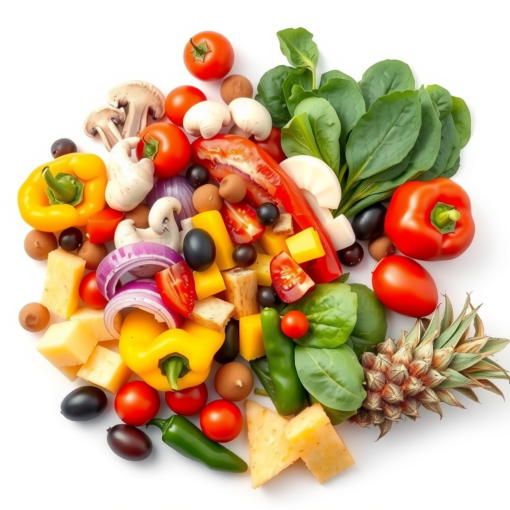 Colorful array of fresh vegetable toppings including bell peppers, mushrooms, onions, tomatoes, olives, spinach, jalapeños, and pineapple arranged artistically on a white surface