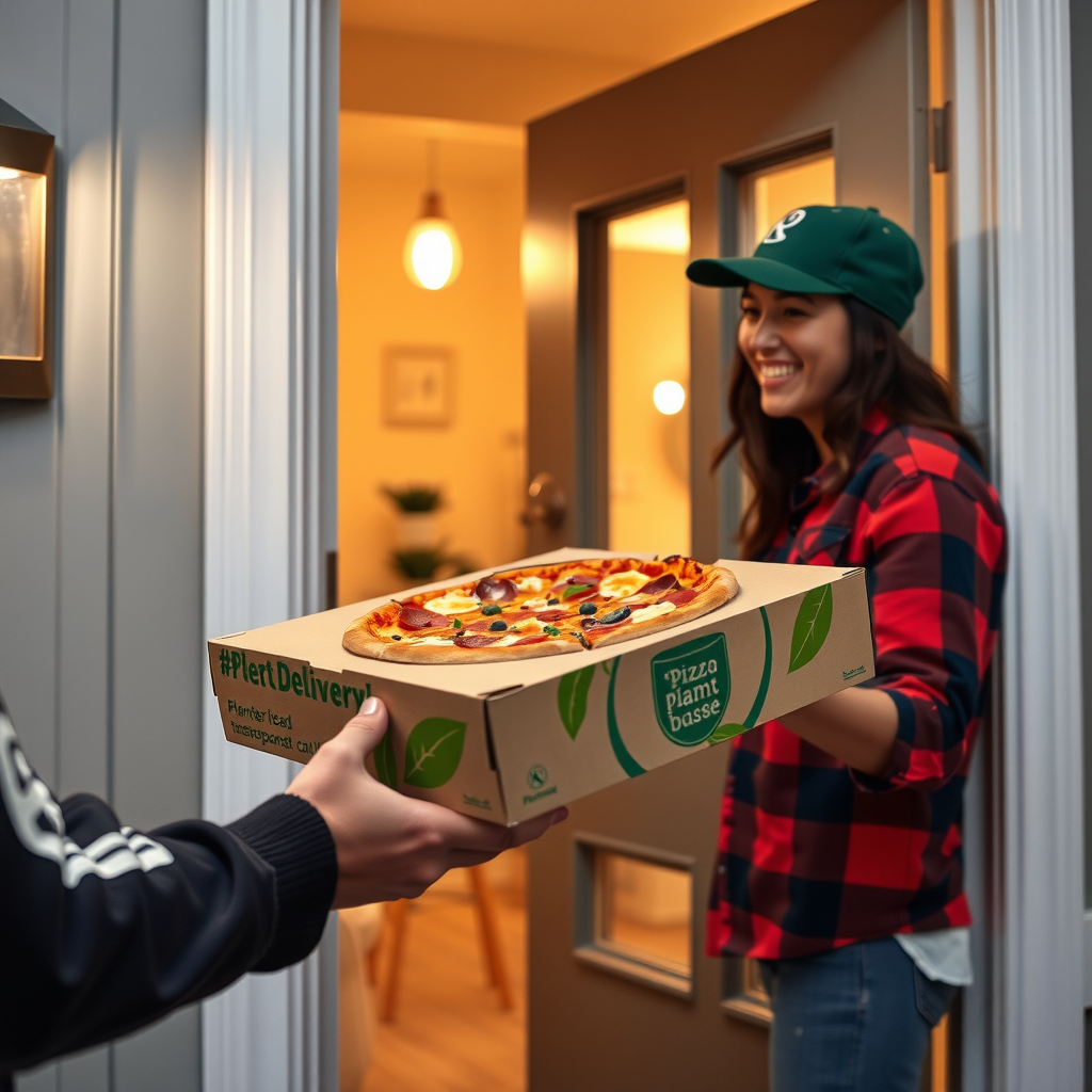 PizzaPizza delivery box being handed to happy customer at residential doorway, box features green plant-based label, warm evening lighting, friendly delivery service moment, Canadian home setting