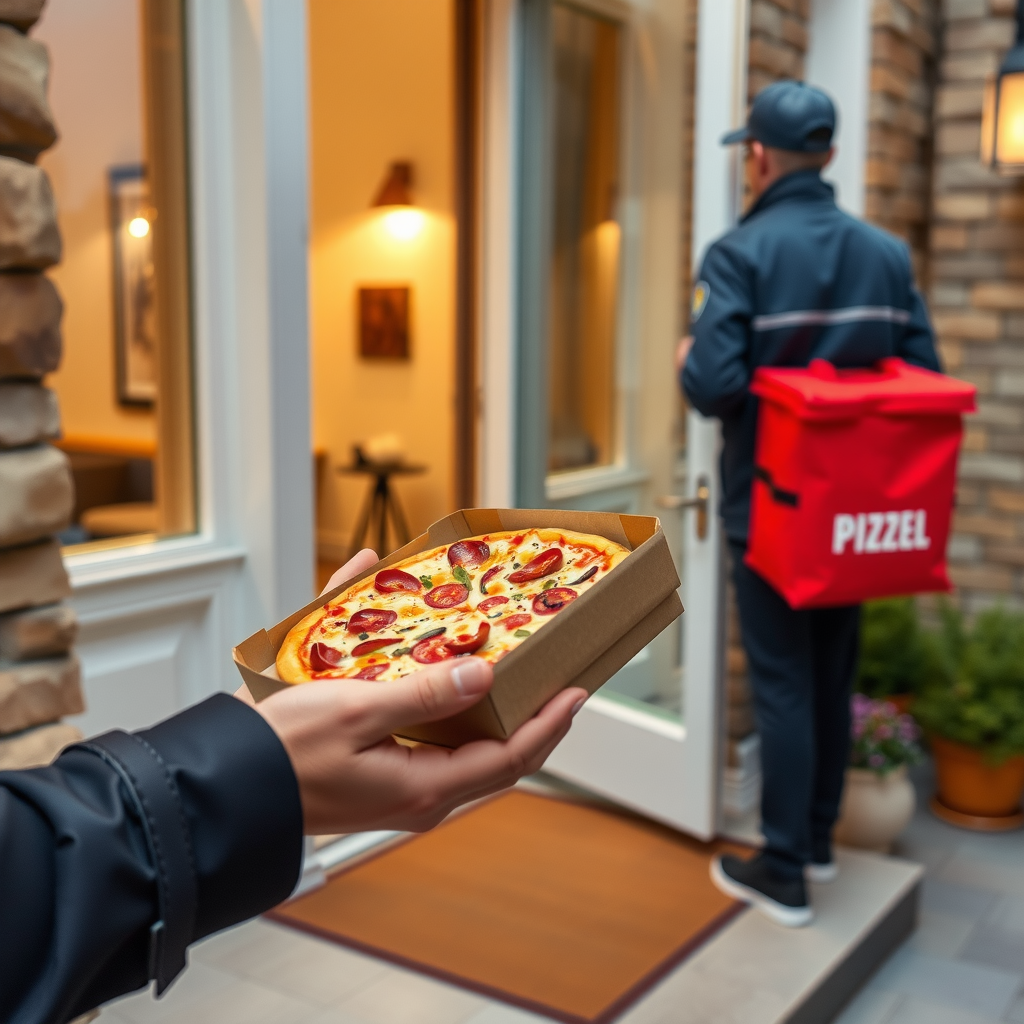 Contactless delivery demonstration with pizza order placed safely at customer's doorstep