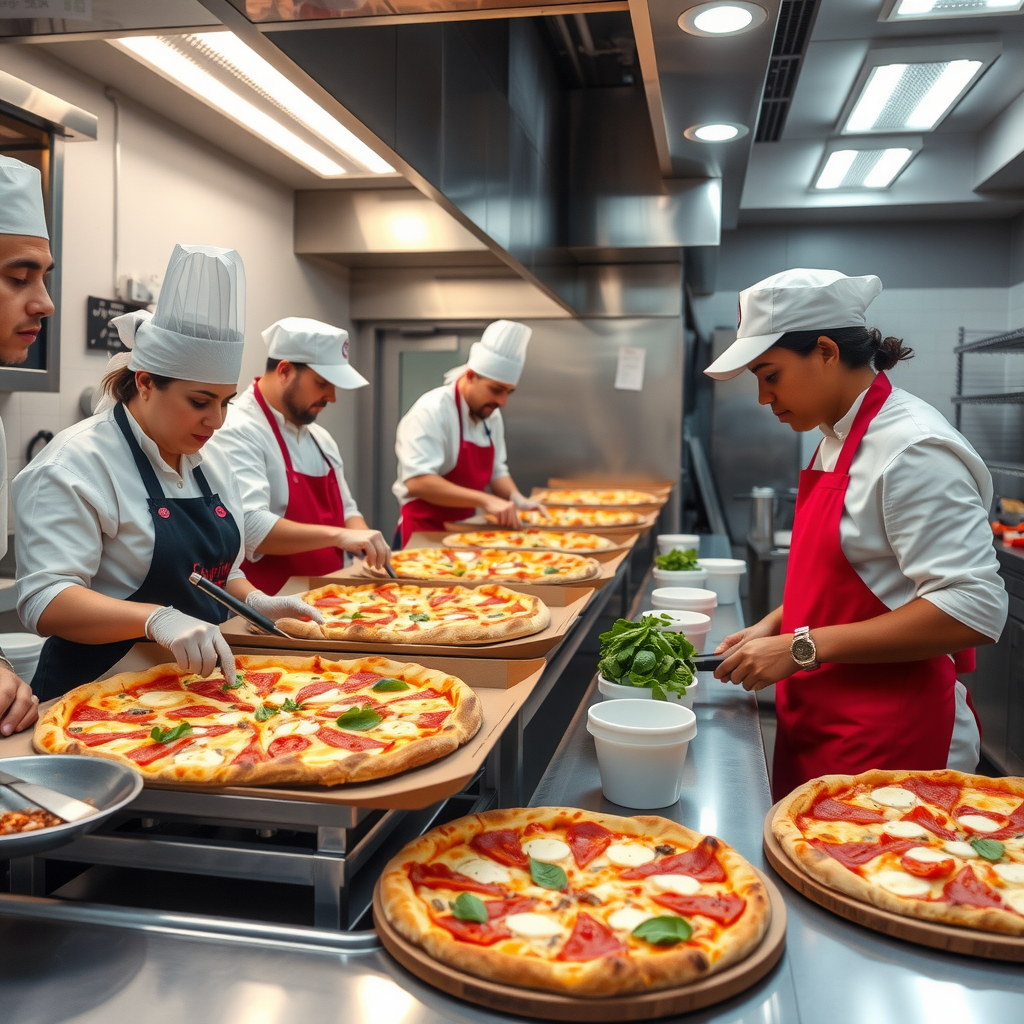 Professional PizzaPizza catering team preparing large orders in commercial kitchen with fresh ingredients and quality control measures