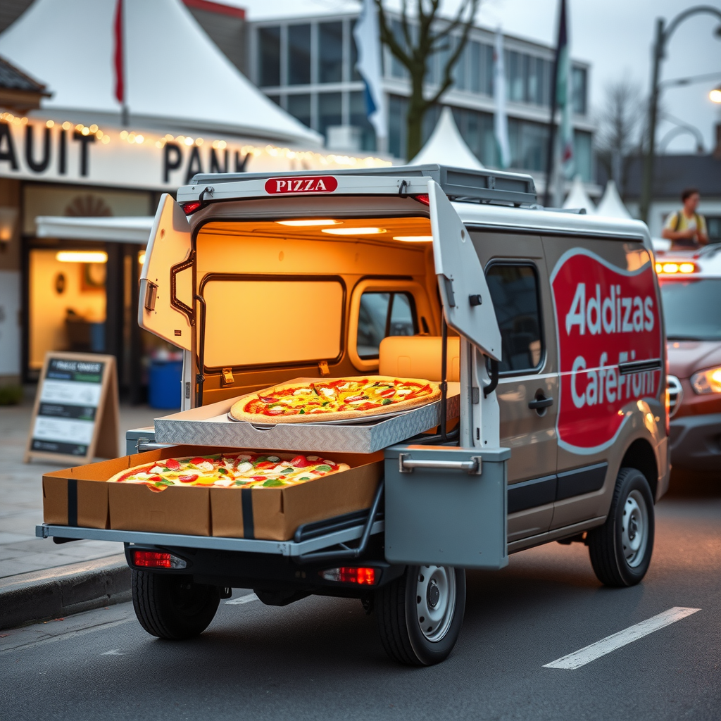 PizzaPizza delivery vehicle arriving at event location with catering order in insulated carriers maintaining optimal temperature