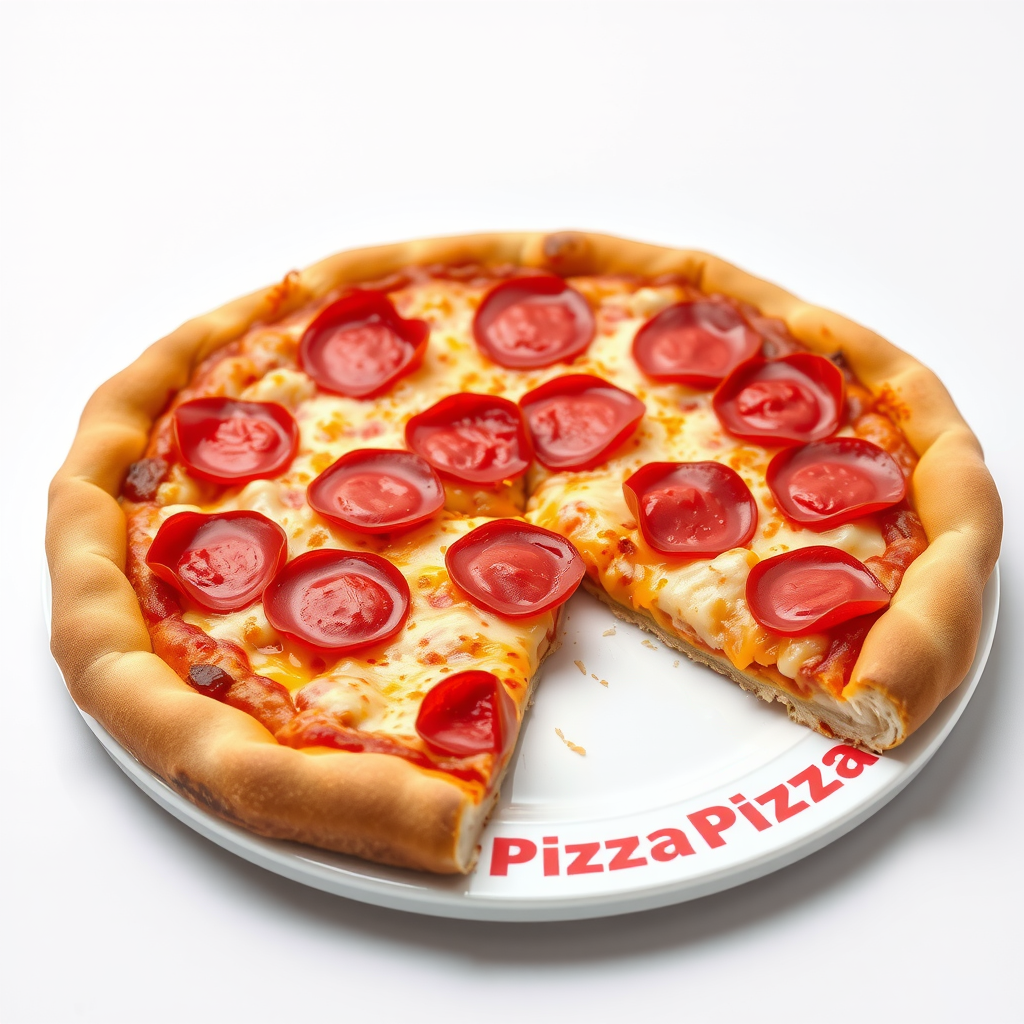 Delicious medium pepperoni pizza with melted cheese and perfectly crispy crust on a white plate with PizzaPizza branding