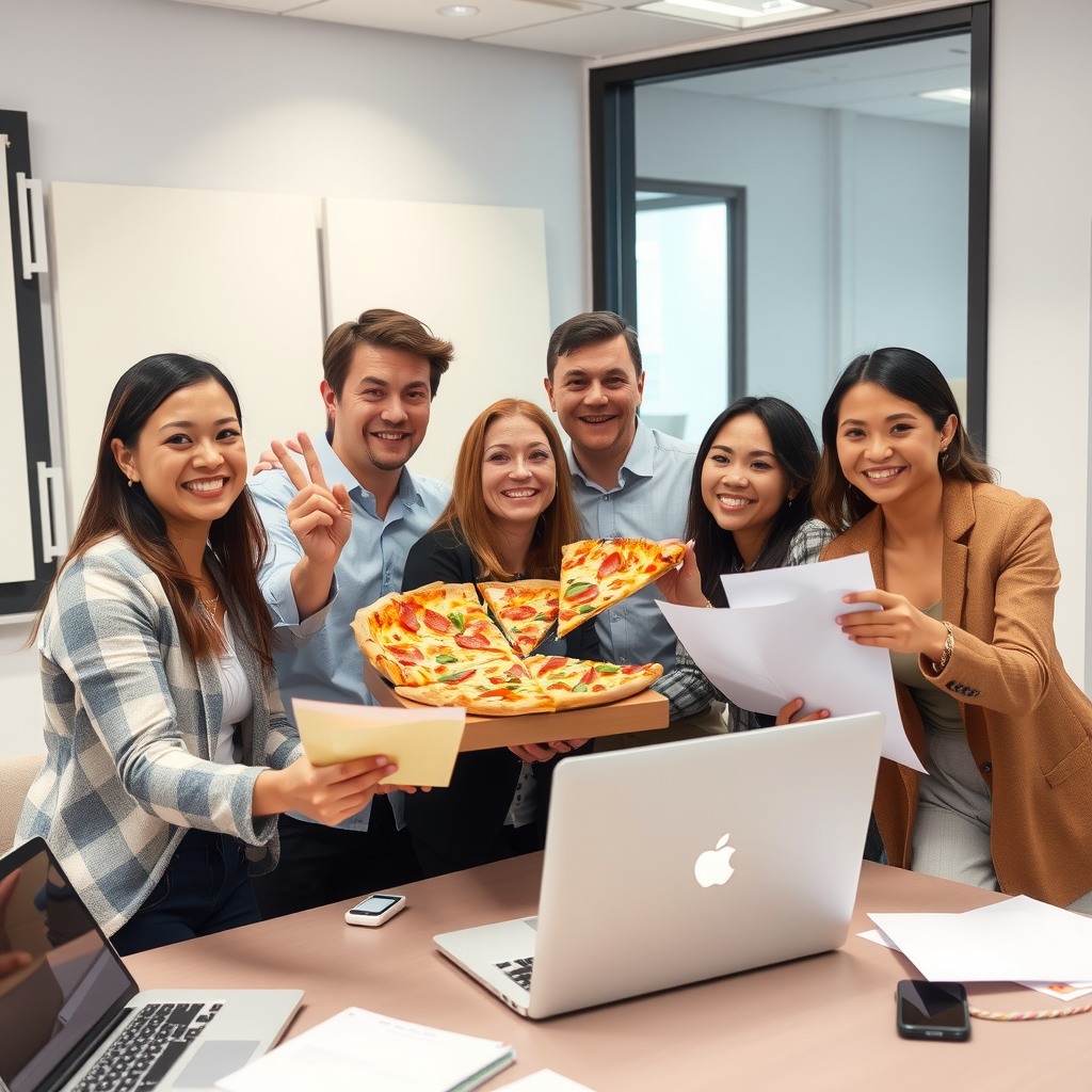 Happy business team celebrating successful meeting with pizza in modern office space with laptops and documents