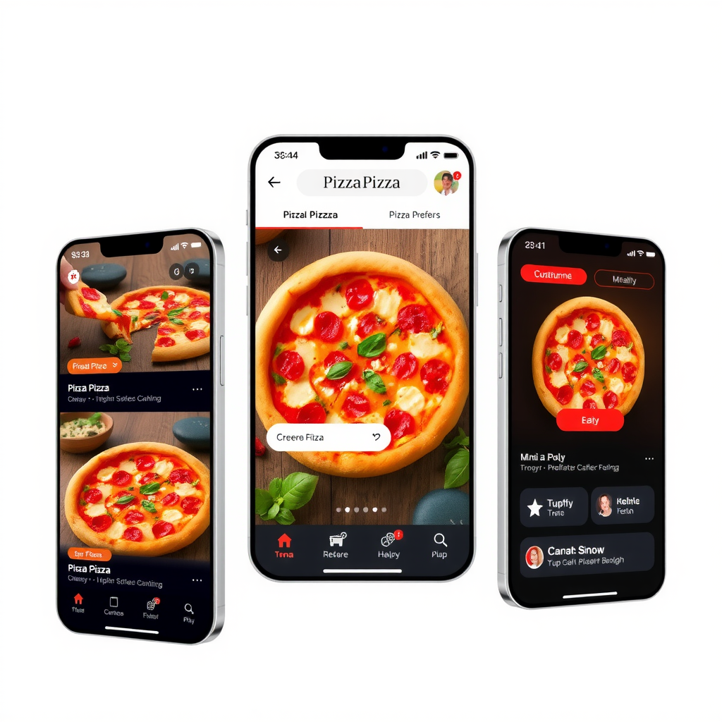 PizzaPizza mobile app screenshots displaying menu, customization options, and user interface