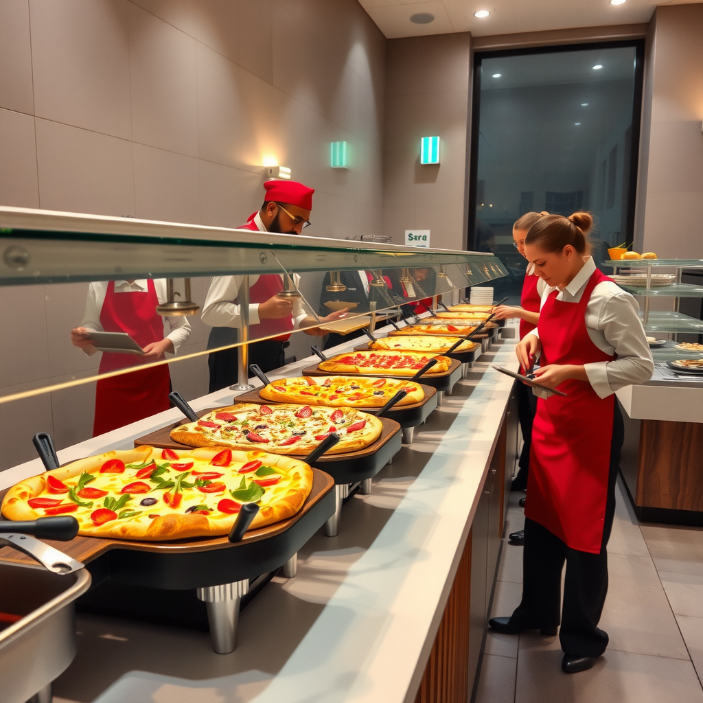 Professional catering staff setting up elegant buffet-style pizza display with serving stations, warming equipment, and decorative presentation