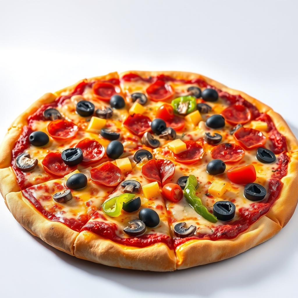 Large supreme pizza loaded with toppings including pepperoni, mushrooms, peppers, and olives with golden cheese bubbling on top